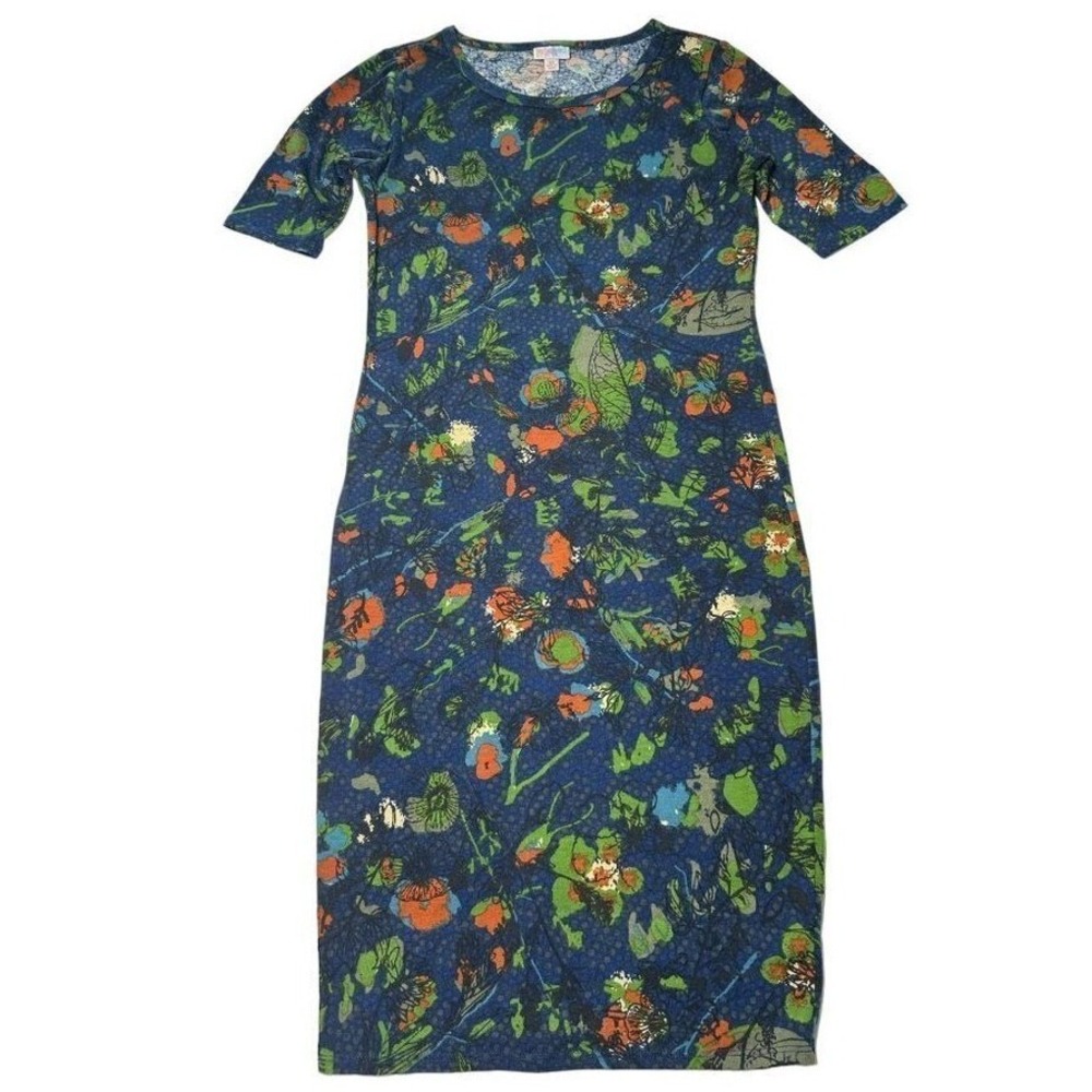 LuLaRoe Julia Dress Womens XS Blue Floral Leaf Print Short Sleeve Midi Sheath
